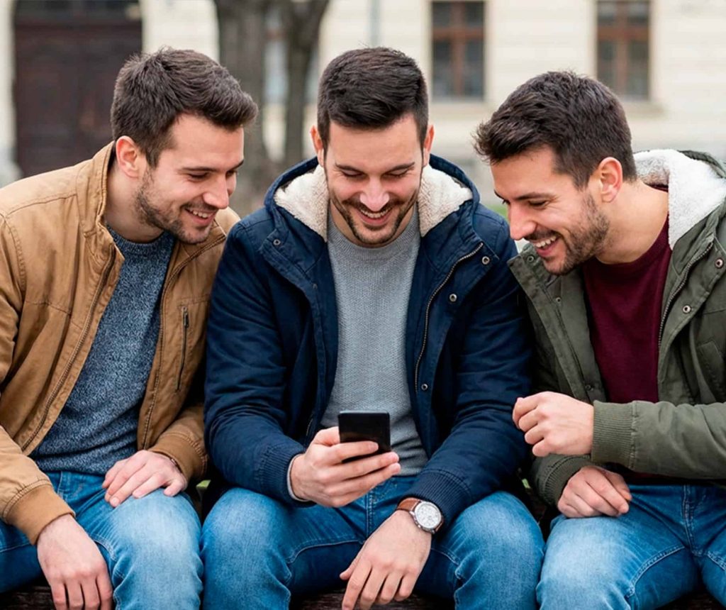 Tres amigos consultando el móvil para hacer un pronóstico de quinielas con más acierto