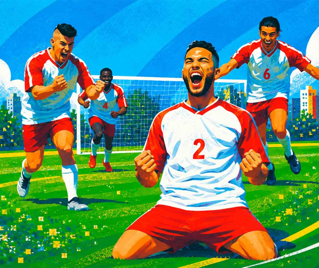 Jugadores de fútbol celebrando un gol para ilustrar una Quiniela de Champions emocionante y decisiva.