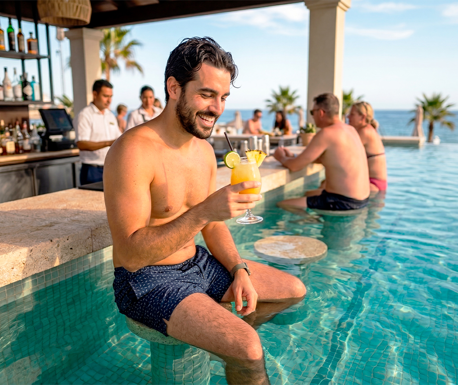 Hombre en una piscina con un cóctel, disfrutando del verano después del Sorteo Extraordinario de Julio 2026