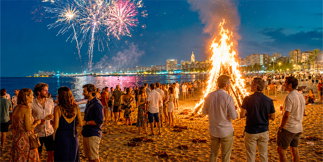 Hoguera en la playa durante la noche de San Juan 2026, con fuegos artificiales y ambiente festivo.