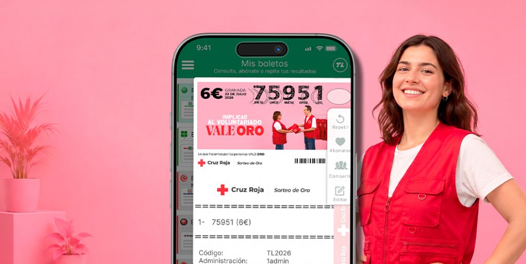 Mujer junto a un móvil con el Sorteo Oro Cruz Roja 2026 en la app de TuLotero.