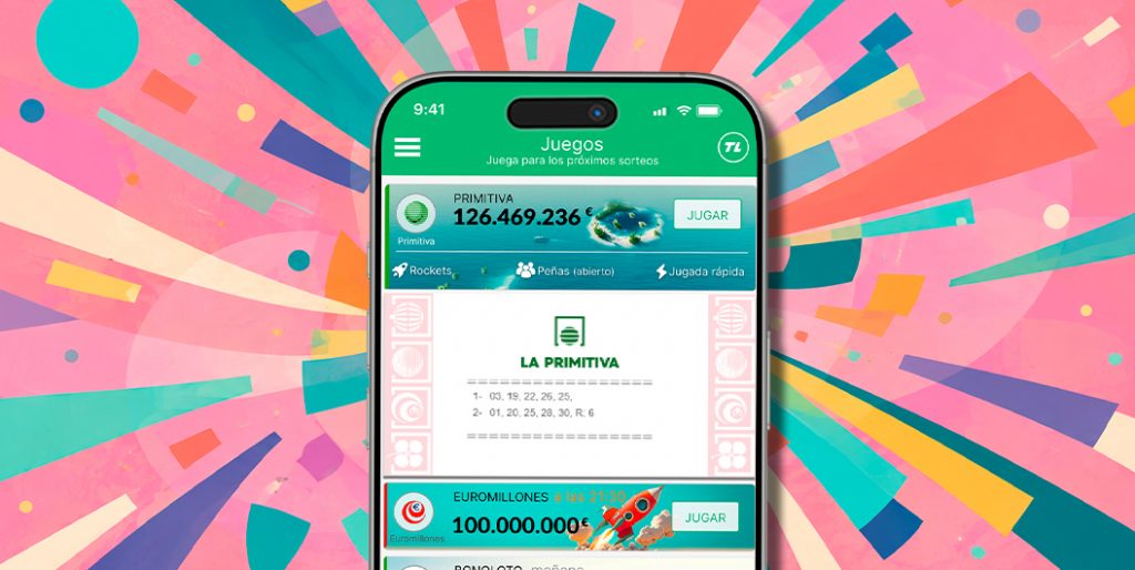 Móvil con la app de TuLotero y fondo de confeti, imagen ilustrativa sobre el mayor premio de La Primitiva