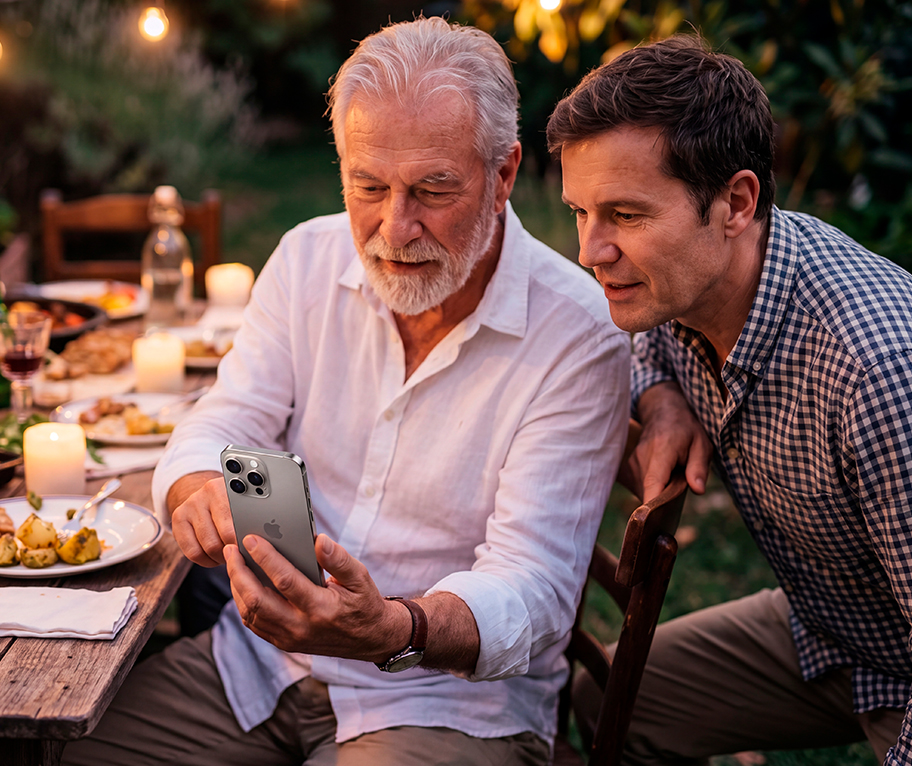 Dos hombres mirando juntos un móvil durante una cena al aire libre, ilustrando una autopeña de Navidad 2026.