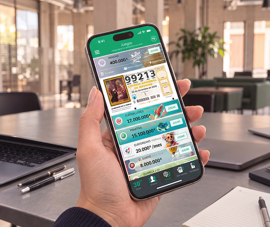 Móvil con un décimo en la app de TuLotero para la lotería de Navidad de empresa 2026.