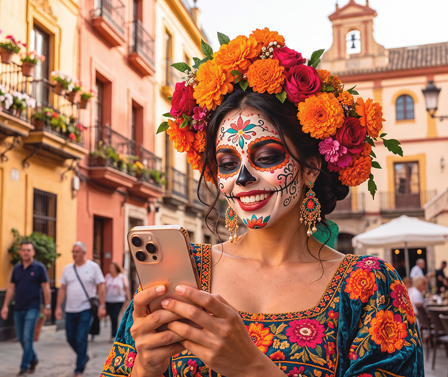 Mujer con maquillaje de Catrina y corona de flores usando el móvil, imagen para el Súper Sorteo de EuroDreams.